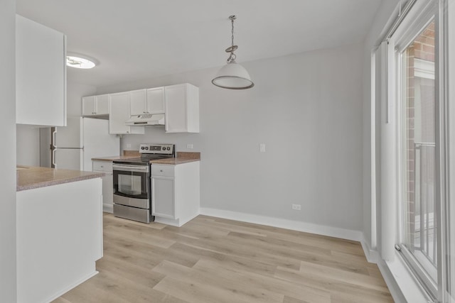 kitchen featuring white cabinetry, stainless steel range with electric stovetop, decorative light fixtures, light hardwood / wood-style flooring, and white fridge