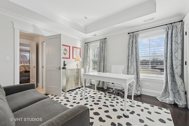 interior space featuring hardwood / wood-style floors and a tray ceiling