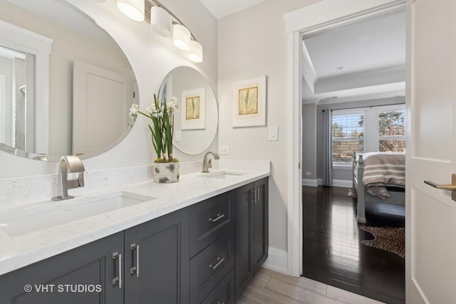 bathroom with vanity and hardwood / wood-style floors