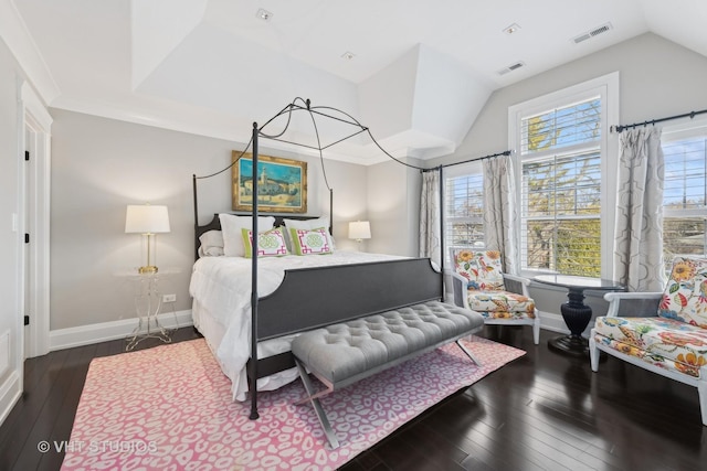 bedroom with multiple windows, crown molding, dark hardwood / wood-style flooring, and lofted ceiling