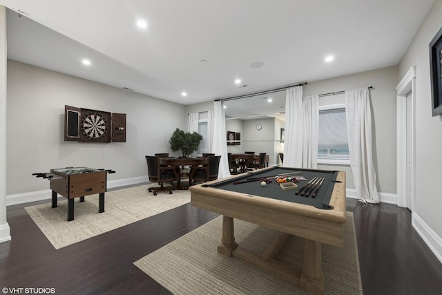 rec room with dark hardwood / wood-style flooring and billiards