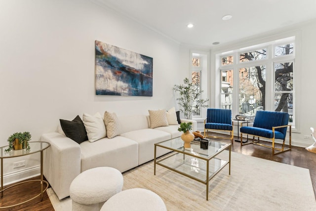 living room featuring wood-type flooring and ornamental molding