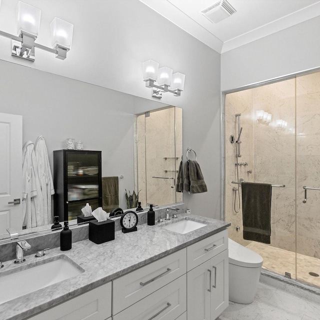 bathroom featuring vanity, toilet, and walk in shower