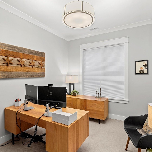 office space with crown molding and light colored carpet