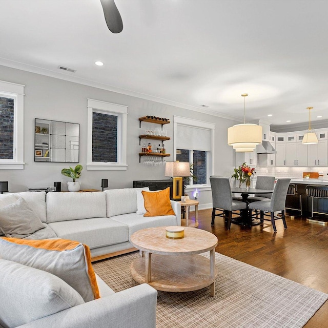 living room featuring crown molding and dark wood-type flooring