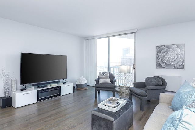 living room with dark wood-type flooring and floor to ceiling windows