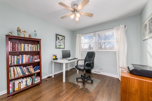 home office with dark hardwood / wood-style floors and ceiling fan