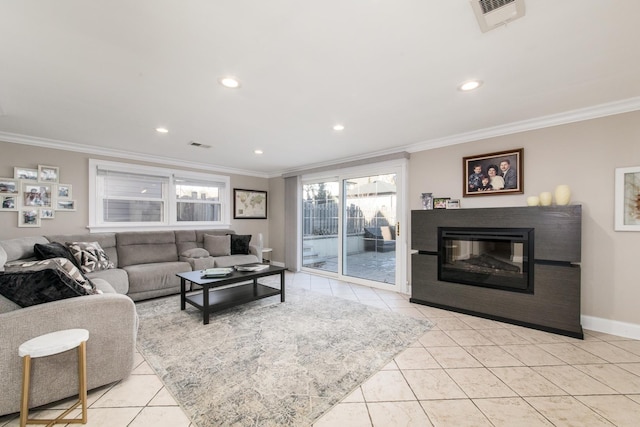 tiled living room with crown molding