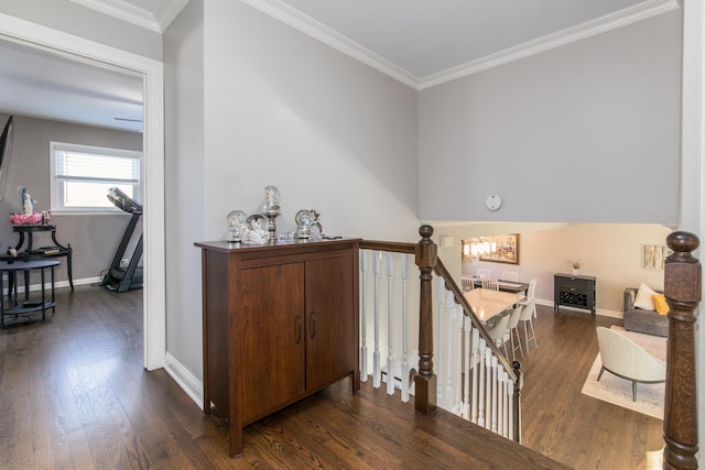 stairs featuring ornamental molding and wood-type flooring