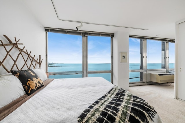 carpeted bedroom with expansive windows, a water view, and rail lighting