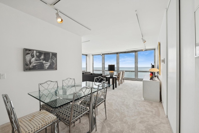 carpeted dining room featuring rail lighting, a water view, and floor to ceiling windows