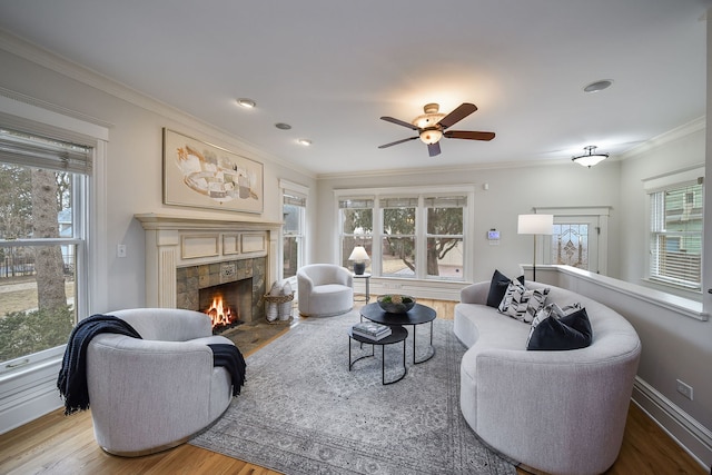 living room with hardwood / wood-style floors, a wealth of natural light, crown molding, and a fireplace