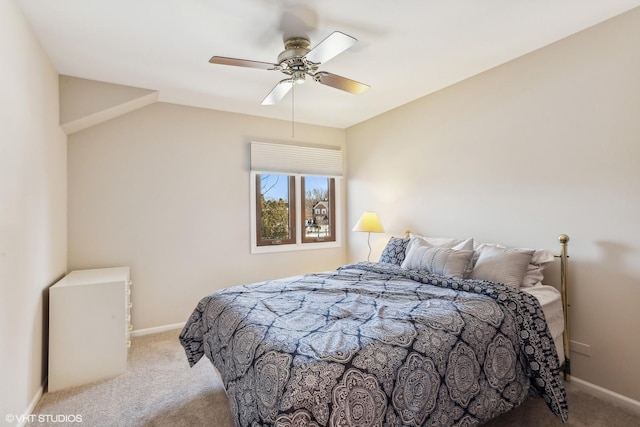 bedroom with light carpet and ceiling fan