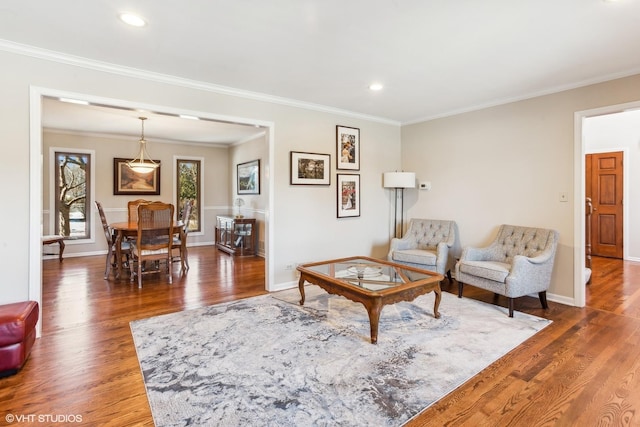 living room featuring crown molding and dark wood-type flooring