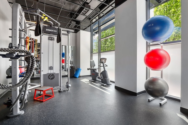 gym with expansive windows and a healthy amount of sunlight