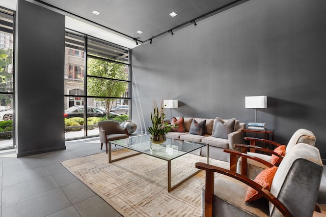 living room with a wall of windows