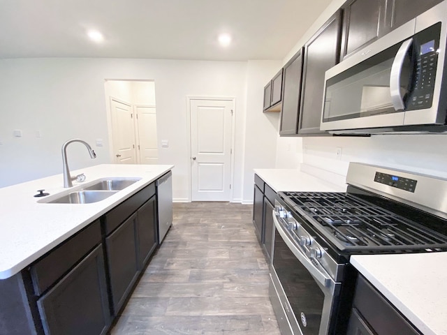 kitchen with dark hardwood / wood-style flooring, sink, and stainless steel appliances