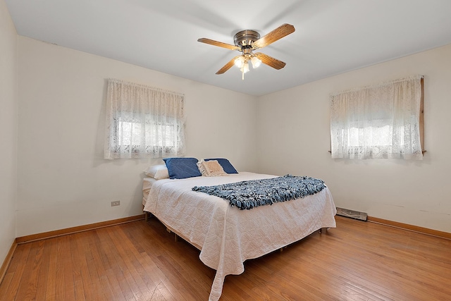 bedroom featuring ceiling fan and wood-type flooring