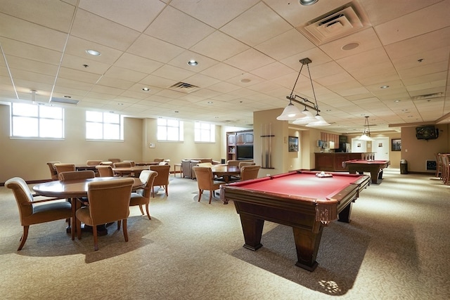 rec room with a drop ceiling, carpet floors, and billiards