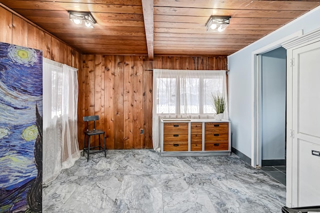 interior space with wooden walls and wood ceiling