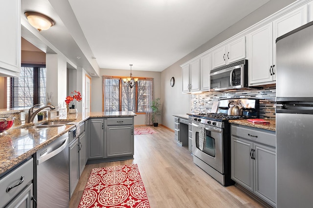 kitchen with pendant lighting, gray cabinets, stainless steel appliances, tasteful backsplash, and white cabinets