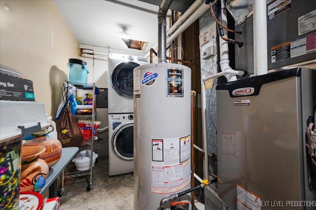 utilities featuring heating unit, gas water heater, and stacked washer / dryer