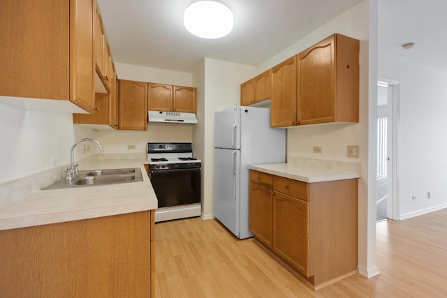 kitchen featuring sink, white appliances, and light hardwood / wood-style flooring