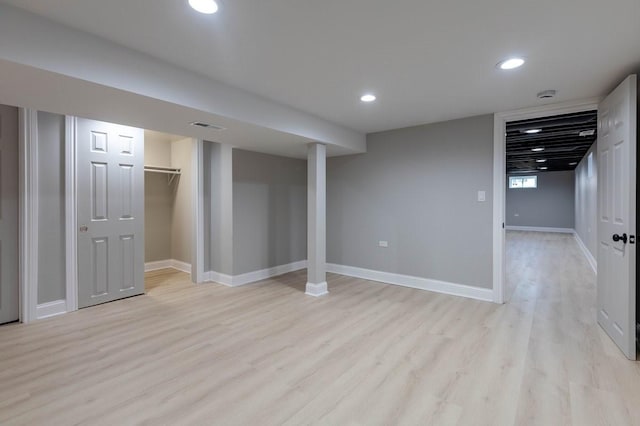 basement with light wood-type flooring