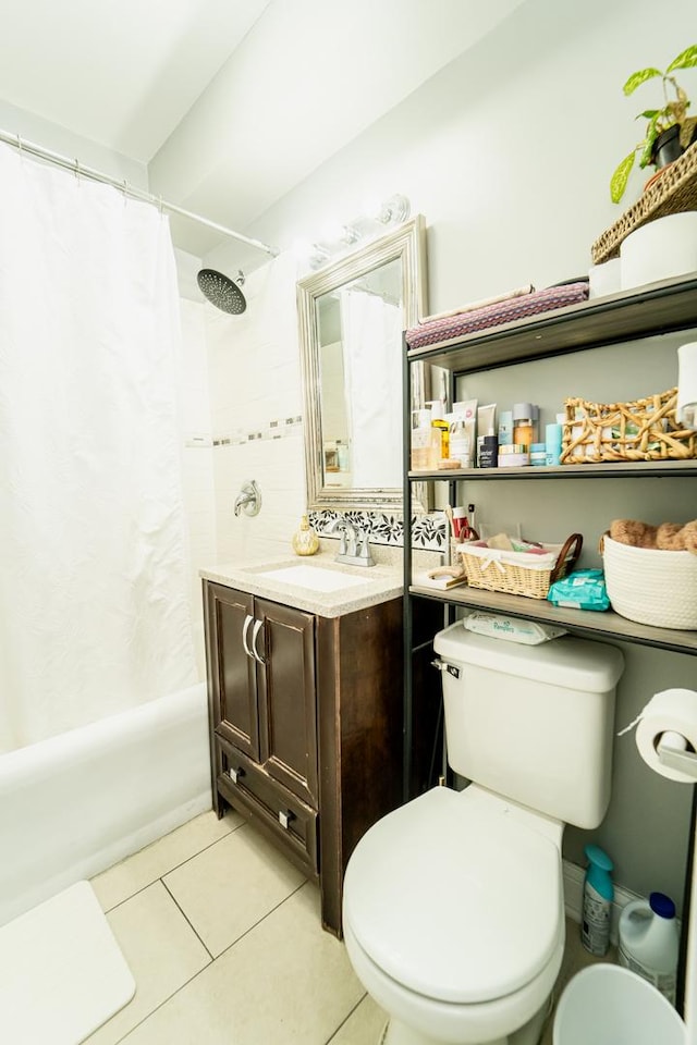 full bathroom featuring toilet, shower / tub combo, tile patterned floors, and vanity