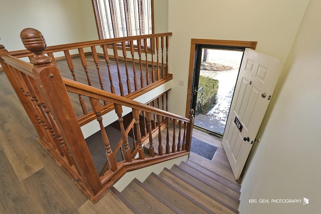 stairs featuring wood-type flooring