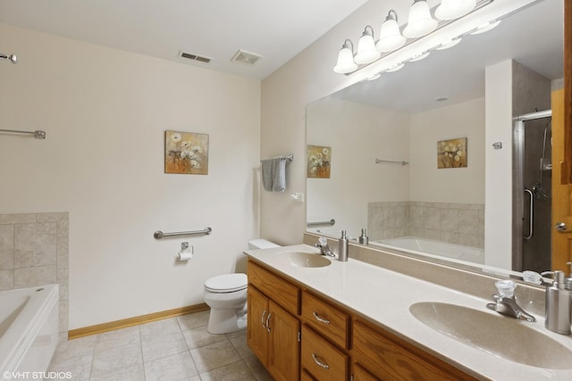 full bathroom with tile patterned flooring, vanity, independent shower and bath, and toilet