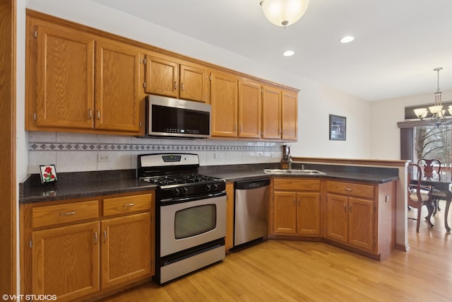 kitchen with sink, hanging light fixtures, appliances with stainless steel finishes, kitchen peninsula, and light hardwood / wood-style floors