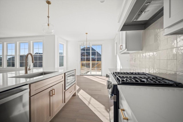 kitchen with dark wood-type flooring, wall chimney exhaust hood, sink, hanging light fixtures, and stainless steel appliances