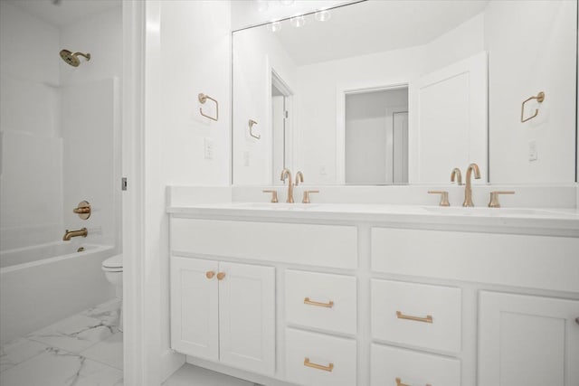 full bathroom with  shower combination, toilet, and vanity