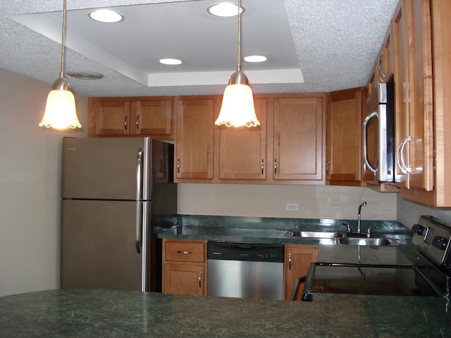 kitchen featuring sink, pendant lighting, a tray ceiling, and stainless steel appliances