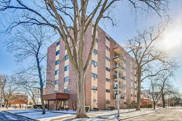 view of snow covered building