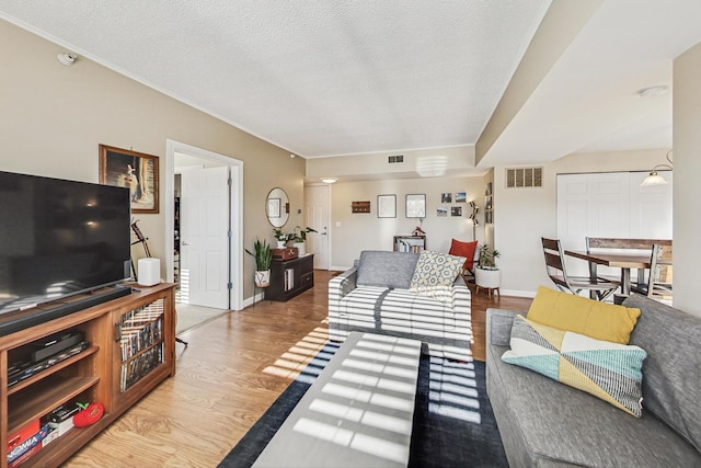 living room featuring wood-type flooring and a textured ceiling