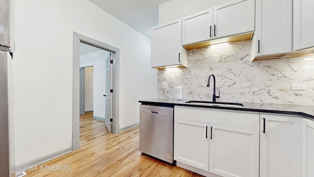 kitchen featuring white cabinets, decorative backsplash, stainless steel dishwasher, and sink