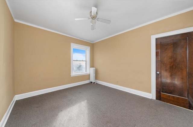 empty room featuring crown molding, radiator heating unit, and ceiling fan