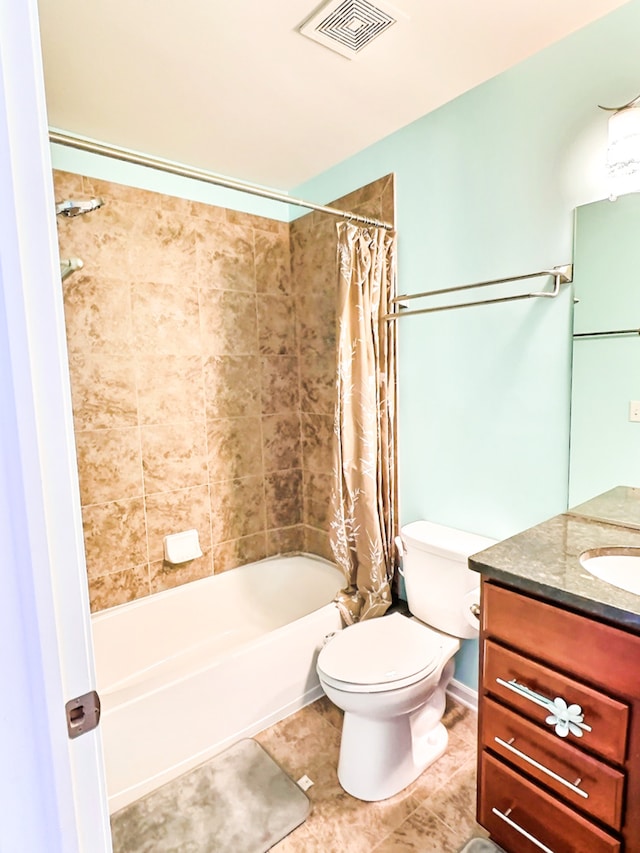 full bathroom featuring shower / bath combination with curtain, vanity, toilet, and tile patterned flooring