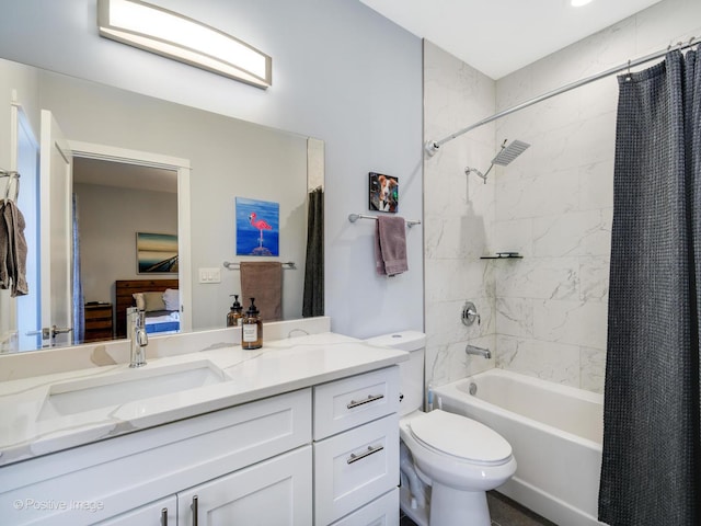 full bathroom with vanity, shower / bath combination with curtain, and toilet