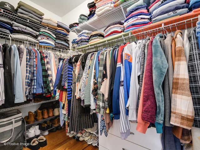 walk in closet with hardwood / wood-style floors