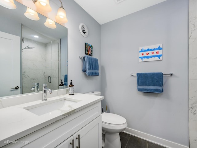 bathroom featuring tile patterned flooring, an enclosed shower, vanity, and toilet