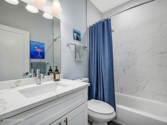 full bathroom featuring shower / bathtub combination with curtain, vanity, and toilet