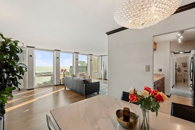 dining space with a water view, floor to ceiling windows, a chandelier, and light hardwood / wood-style floors