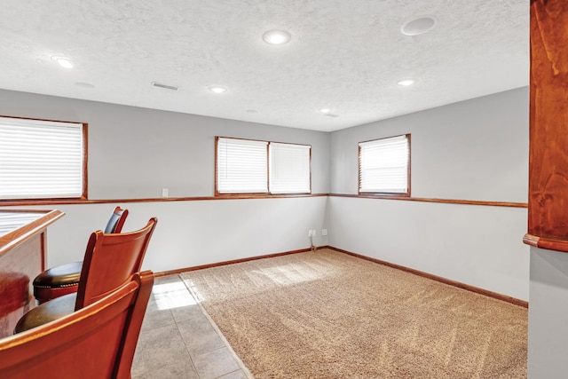 office with light colored carpet and a textured ceiling