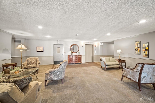 living room with light carpet, ornamental molding, and a textured ceiling