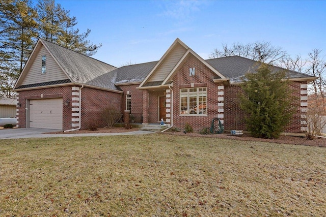 front facade with a garage and a front lawn