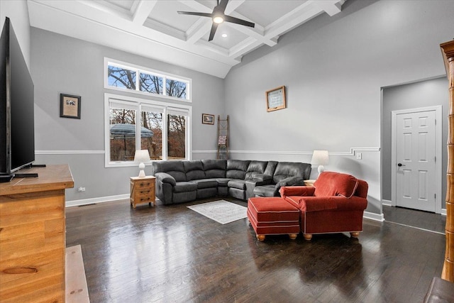 living room featuring coffered ceiling, dark hardwood / wood-style flooring, beam ceiling, and a high ceiling