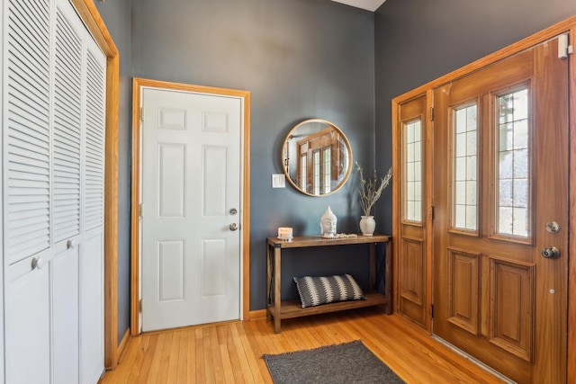 entrance foyer with a wealth of natural light and light hardwood / wood-style flooring